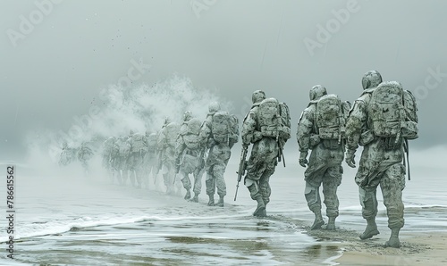 Soldiers walking on the beach.