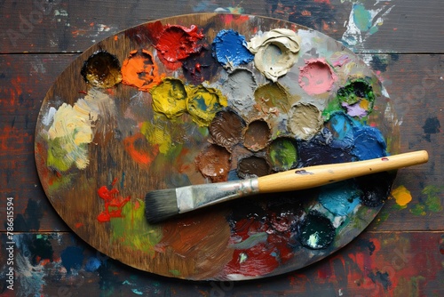 Inspiring artist's palette adorned with vibrant dabs of paint and a single paintbrush, evoking the creative process