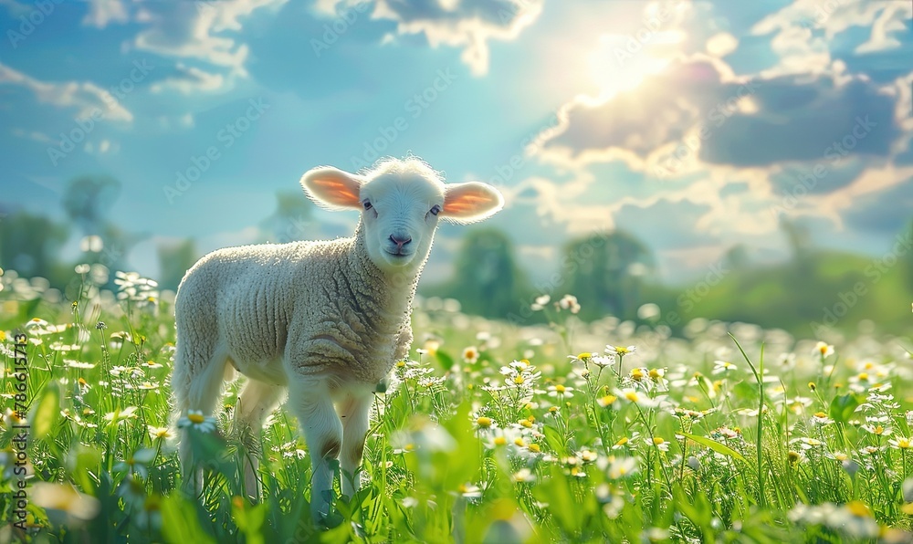 White lamb on a beautiful green field. The concept of sacrifice