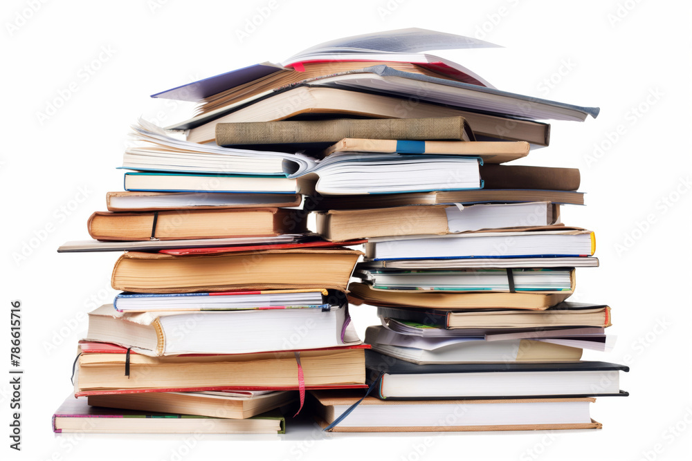 Neatly stacked collection of various textbooks with no distractions, isolated on a white background Neatly stacked collection of various textbooks with no distractions, isolated on a white background