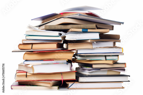 Neatly stacked collection of various textbooks with no distractions, isolated on a white background