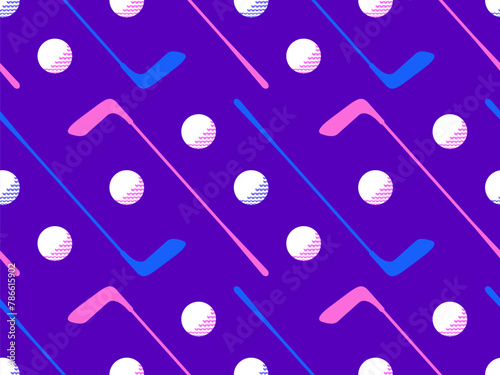 Seamless pattern with golf clubs and balls. Golf putter and a golf ball in a minimalist style. Design for typography, banners and posters, promotional items. Vector illustration