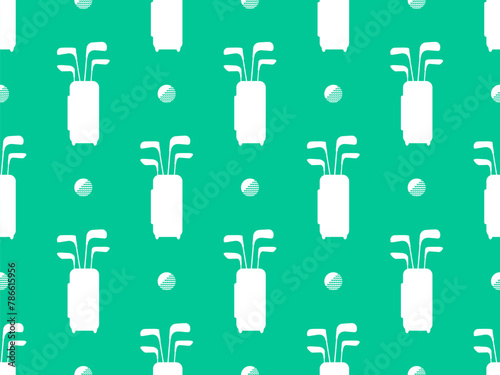 Seamless pattern with golf clubs in a bag and golf balls. White silhouettes of bags with golf clubs on a green background. Golf equipment. Design of banners and posters. Vector illustration