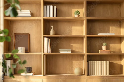Minimalist wooden bookshelf with neatly arranged books and tasteful decorative items