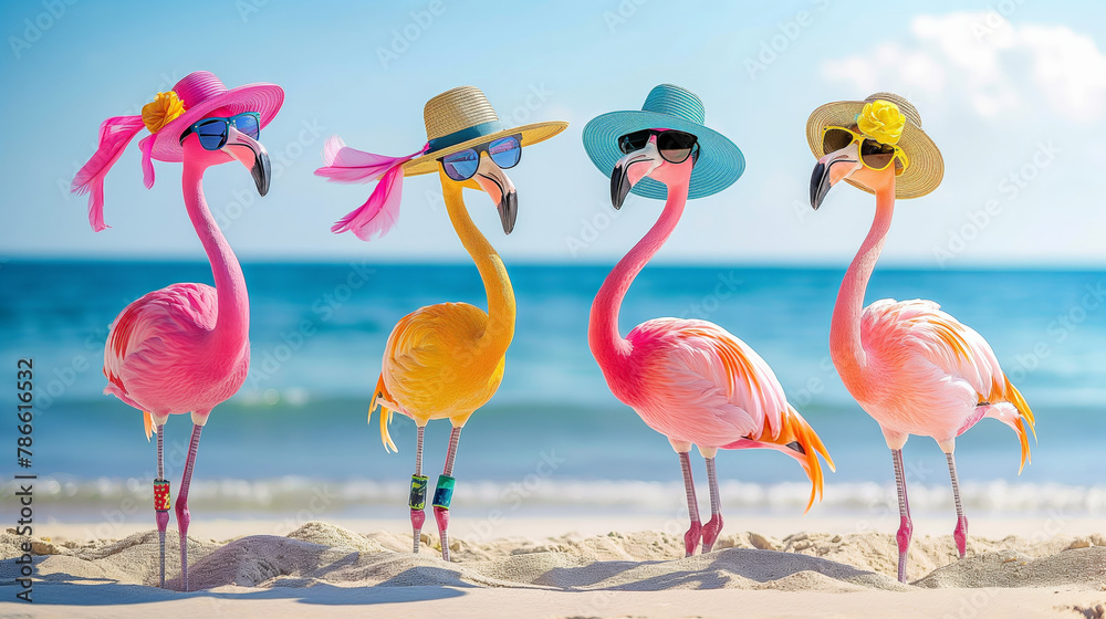 Obraz premium Four colorful flamingos with hats and sunglasses standing on a sandy beach by the sea.
