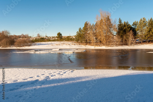 Snowcovered lake with trees under sunlight, creating a serene natural landscape