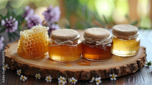 Different types of honey on a wooden platter..The concept of healthy food