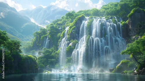 Lose yourself in the timeless grandeur of a majestic waterfall, where thundering cascades plunge into a frothy pool below, sending mist and spray into the air. 