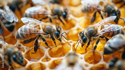 Close-up of bees working on honeycomb with honey, blank space for text