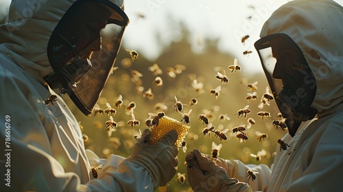 a male and a female, both clad in beekeeper suits and white beehive hats, delicately handle honeycomb frames teeming with bees, showcasing the partnership and harmony between humans and nature