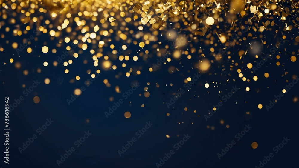 Abstract golden glitter lights on dark background. AI generative.