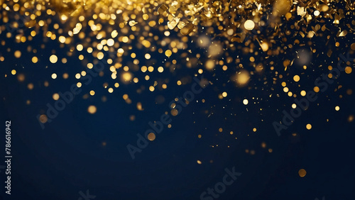 Abstract golden glitter lights on dark background. AI generative.