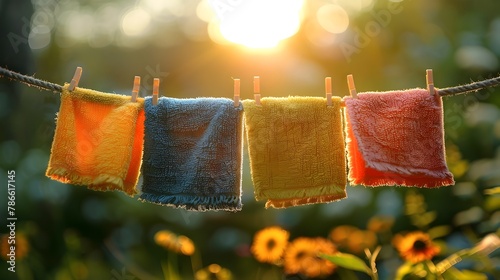 Bright Sunny Day with Freshly Dried Textiles Hanging on Outdoor Clothesline photo