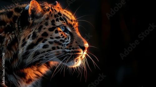   A close-up of a leopard s face in the dark  illuminated by the shine of the light