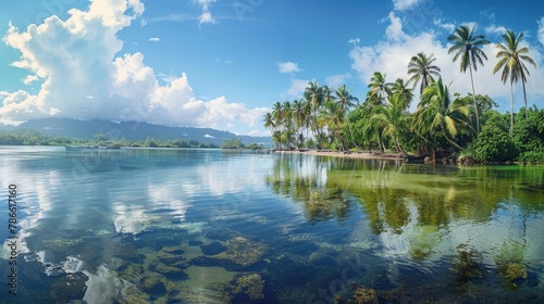 Panoramic view of Exotic Palm trees and lagoon on the tropical Island beach