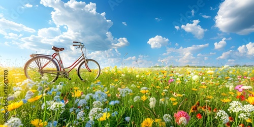 Captivating Springtime Landscape with Vintage Bicycle in Blooming Meadow under Bright Sky