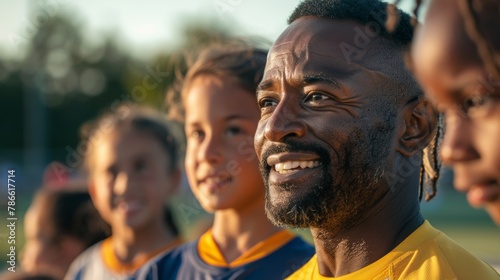 A close up of a smiling black male coach with his young girl soccer team in the background. © Watcharaphon