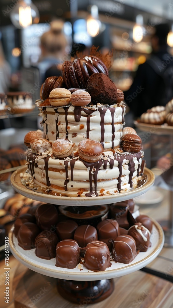 A decadent two tiered cake with chocolate and cream filling and topped with chocolate dipped cream puffs and other assorted chocolates.