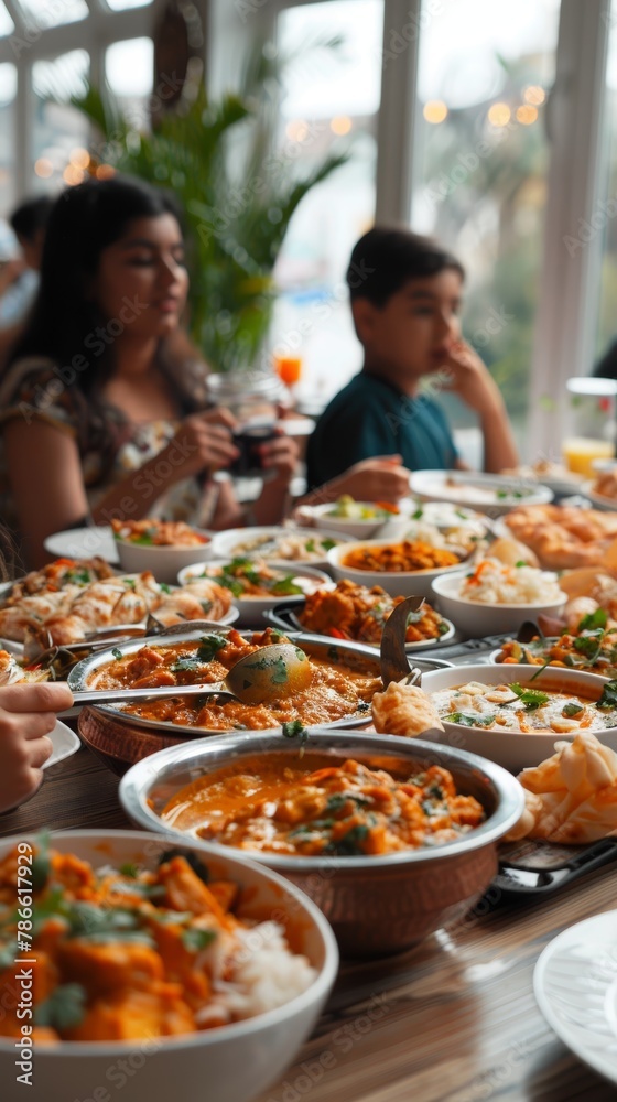 A family is eating a large meal of Indian food.