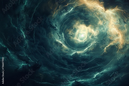 A dark, stormy vortex with bright light at the center.