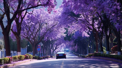 jacaranda trees burst into full bloom, lining the road with a mesmerizing sea of purple flowers while a car drives through this natural wonder, capturing the refreshing scenery of spring.