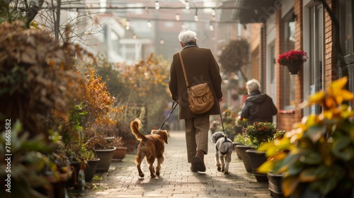 An elderly man walking his two dogs down a city street on a sunny day. photo
