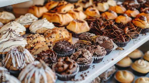 Assorted Pastries with Edible Insects. An array of delicious pastries and confections with chocolate shavings and edible insects, presenting a fusion of traditional sweets with innovative ingredients