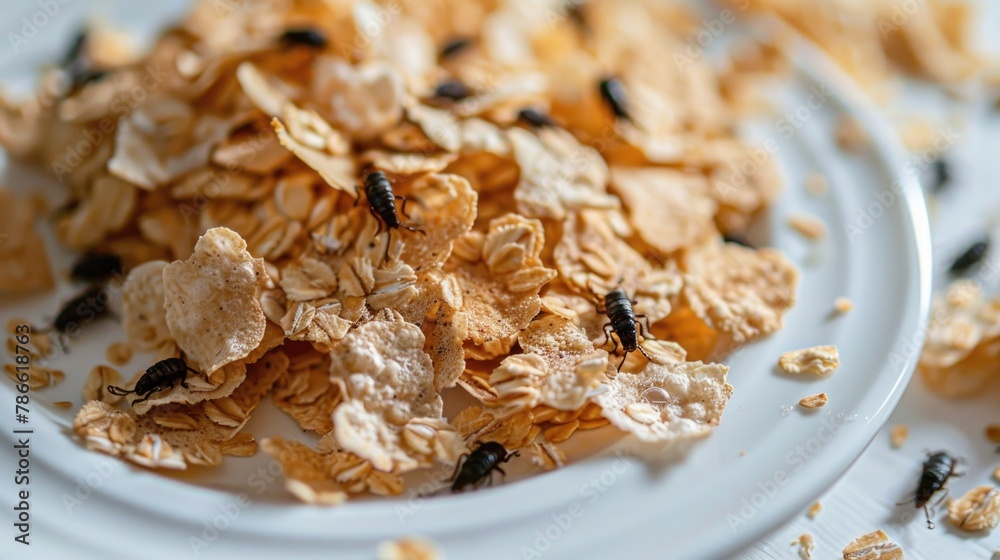 Sustainable Edible Insect Cereal. A close-up of a breakfast cereal with edible insects scattered among the flakes, symbolizing an eco-conscious dietary choice Sustainable Edible Insect Cereal. A close-up of a breakfast cereal with edible insects scattered among the flakes, symbolizing an eco-conscious dietary choice