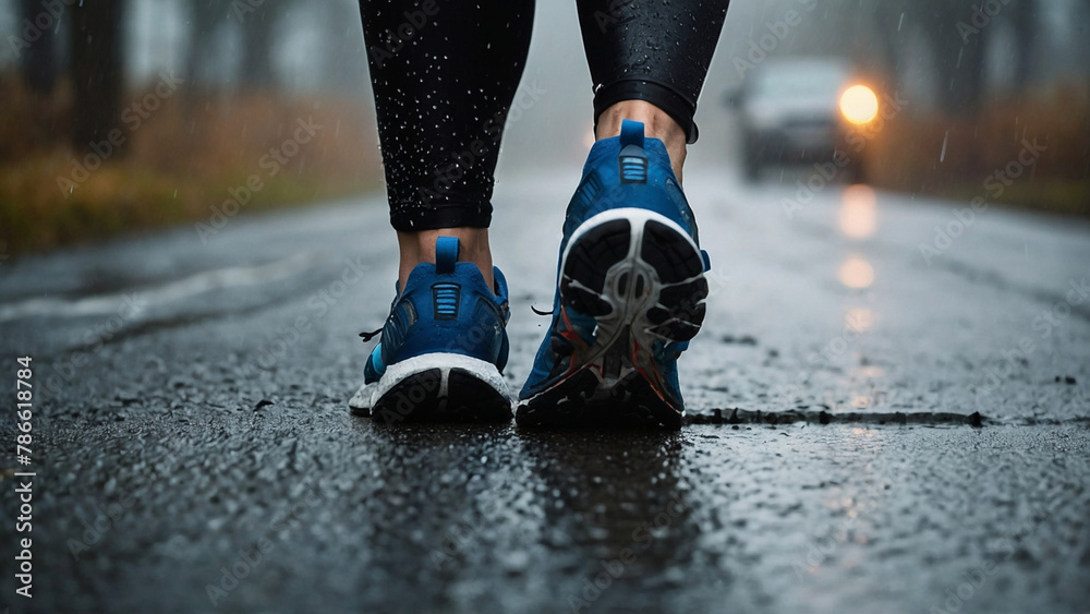 Runner feet running on road close-up on shoe. AI generative.