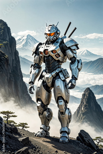 robot Ninja Samurai Warrior - Silver Warrior mountains 