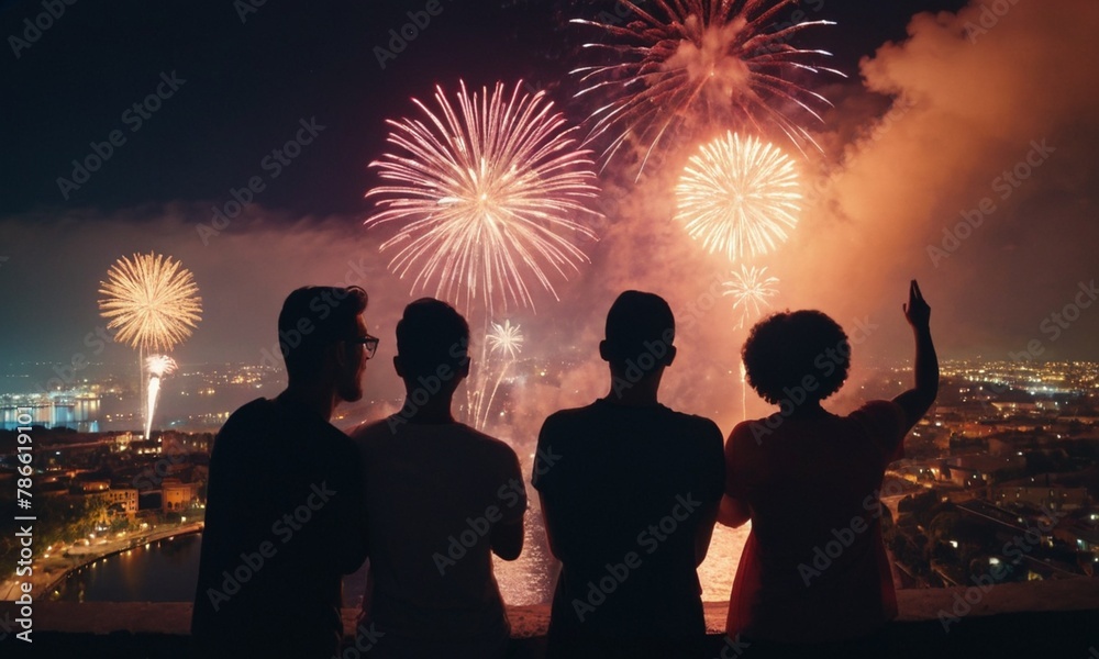 Silhouette of LGBTQ+ community gathering to watch rainbow fireworks, celebrating Pride month with love and inclusivity, embracing diversity. LGBT people watching fireworks over the night skyline