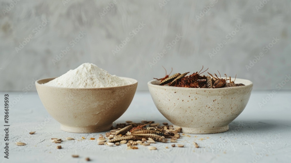 Edible Insects and Insect Flour. Bowls display roasted edible insects ...