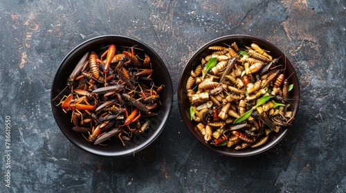 Bowls of Assorted Cooked Insects. Two bowls filled with various cooked insects, garnished with greenery, serve as a testament to the growing trend of entomophagy in modern cuisine