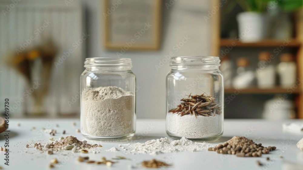 Two glass jars filled with fine insect flour, accompanied by whole edible insects, present a sustainable baking ingredient option on a kitchen countertop. Insect Flour in Glass Jars Two glass jars filled with fine insect flour, accompanied by whole edible insects, present a sustainable baking ingredient option on a kitchen countertop. Insect Flour in Glass Jars
