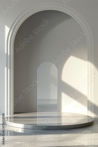 Empty white marble quartz room with a polished pedestal in the center. Mockup for product advertising