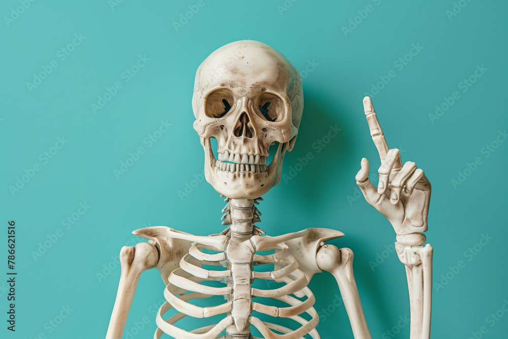 Human skeleton smoking a cigarette on a blue background symbolizes the harm smoking does to the body Human skeleton smoking a cigarette on a blue background symbolizes the harm smoking does to the body