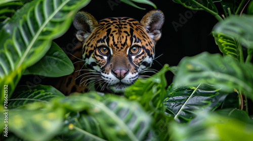   A tight shot of a tiger's face emerging from behind a bush, framed by green foliage © Anna