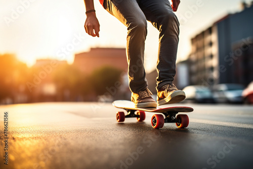 AI generated image of man riding a vintage skateboard on a sunlit city street photo