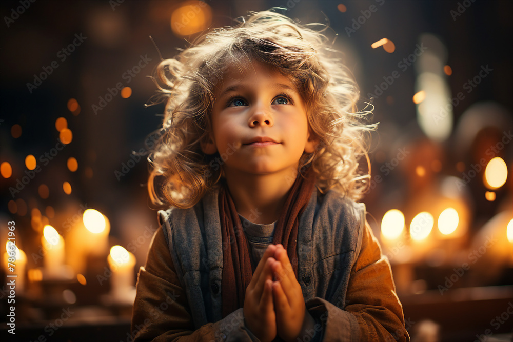 Photo image made with generative AI of cute child praying to Jesus Photo image made with generative AI of cute child praying to Jesus