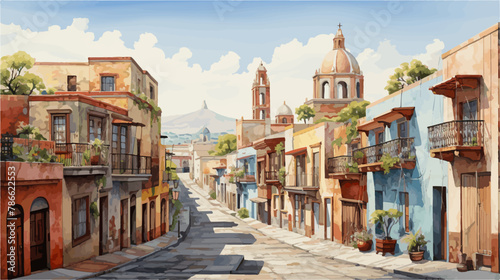 mexican town urban view at day, houses and church street, watercolor © Agustin A
