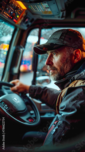A Truck Driver Planning routes, navigating using GPS systems, and managing delivery schedules, realistic people photography