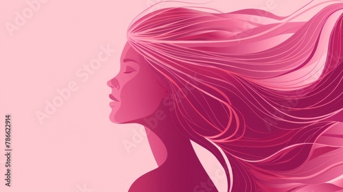 Woman with flowing pink hair on a pink background.