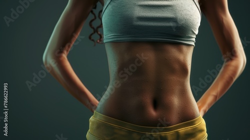 A woman in workout clothes shows off her toned stomach.