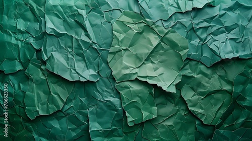 Crumpled Emerald Green Recycled Paper Texture Background with Organic Environmental Aesthetic