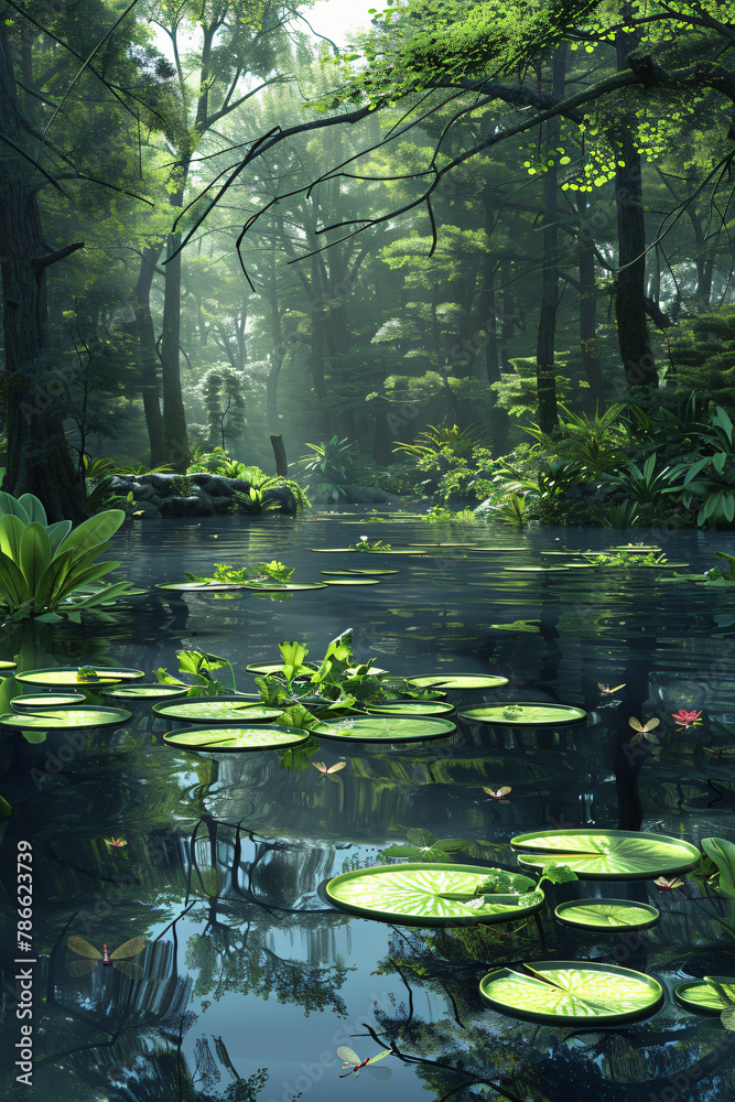 Tranquil Forest Pond: Lily Pads, Dragonflies Tranquil Forest Pond: Lily Pads, Dragonflies