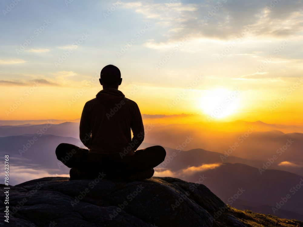 Silhouette of a Buddhist monk atop a mountain peak, gazing at the breathtaking sunrise or sunset, embodying tranquility, spiritual contemplation, and a profound connection with nature's serene beauty