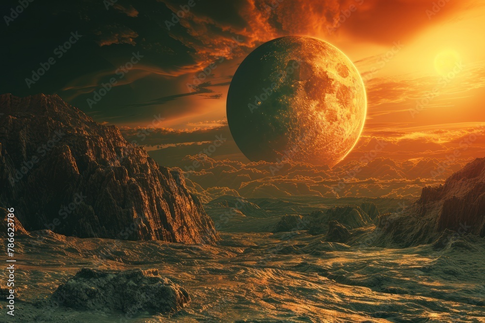 A large planet hovers above a rocky desert landscape. The sky is a mix of orange and grey clouds. A large planet hovers above a rocky desert landscape. The sky is a mix of orange and grey clouds.