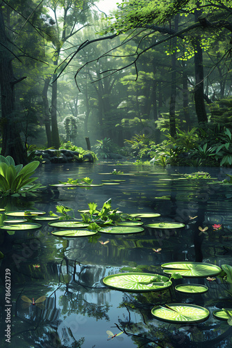 Tranquil Forest Pond  Lily Pads  Dragonflies