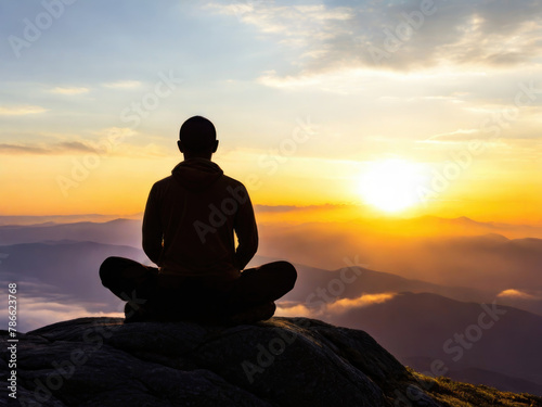 Silhouette of a Buddhist monk atop a mountain peak  gazing at the breathtaking sunrise or sunset  embodying tranquility  spiritual contemplation  and a profound connection with nature s serene beauty