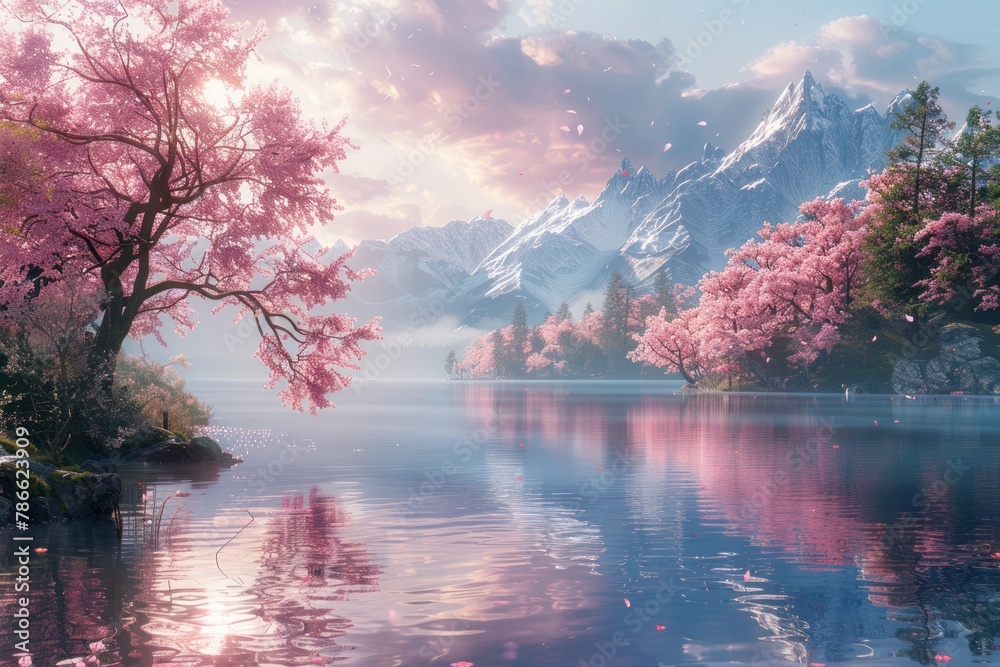 A serene lake surrounded by pink cherry trees and snow-capped mountains in the background. The sky is a mixture of pink and blue and there are a few clouds.